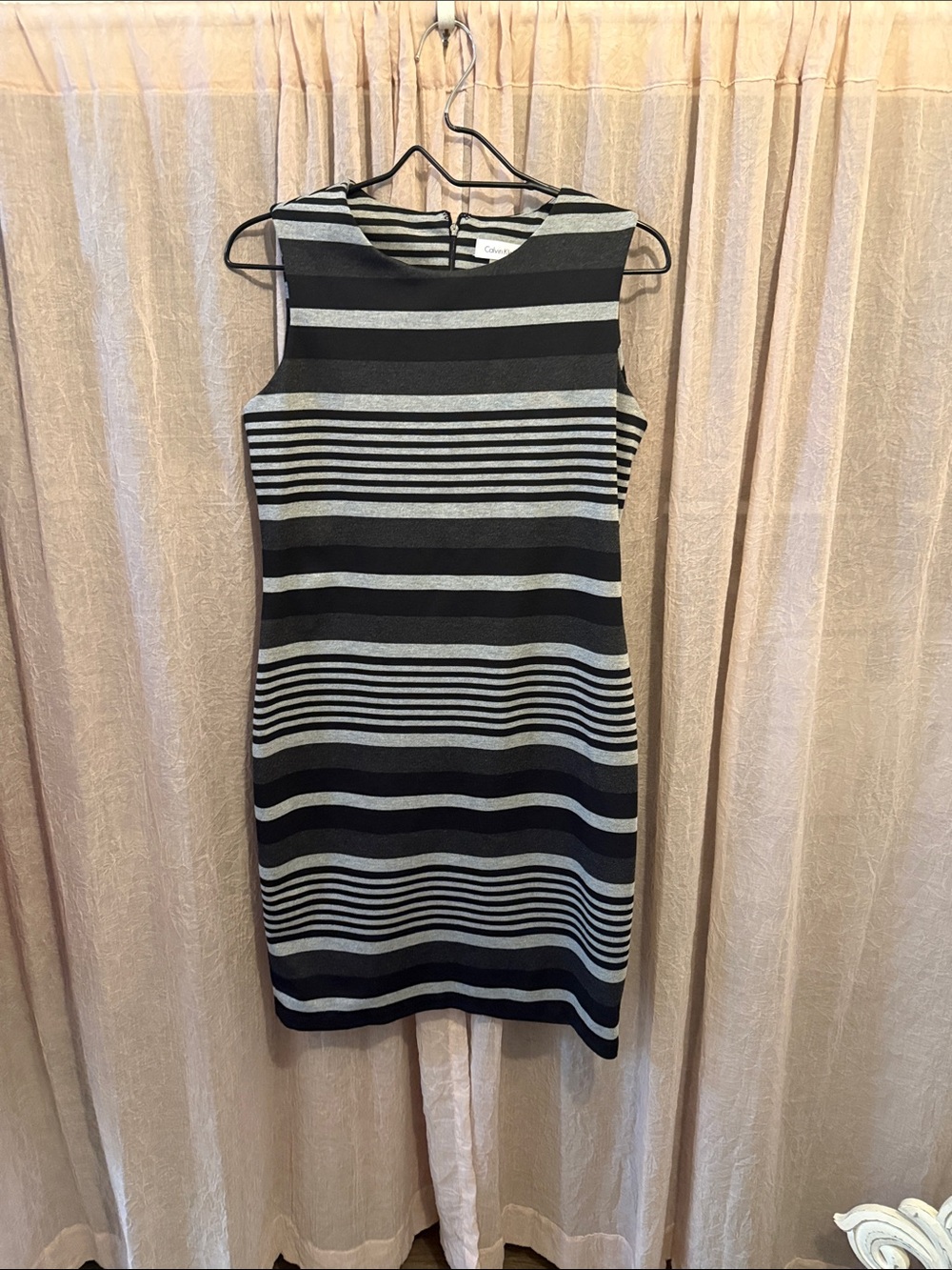 Calvin Klein Black and Silver Striped Midi Sheath Dress
